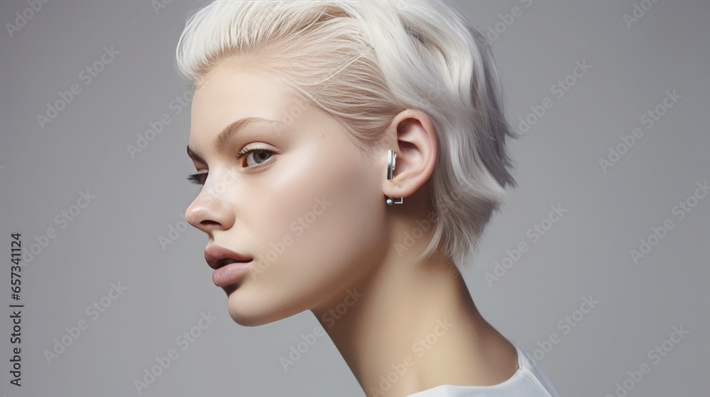 Close-up portrait of a young beautiful girl who wears a hearing aid Close-up portrait of a young beautiful girl who wears a hearing aid