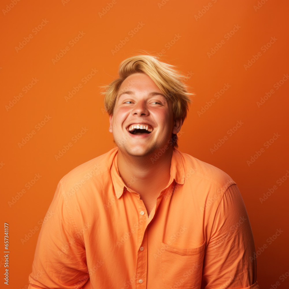 Face of happy overweight man looking at camera on orange studio background Face of happy overweight man looking at camera on orange studio background