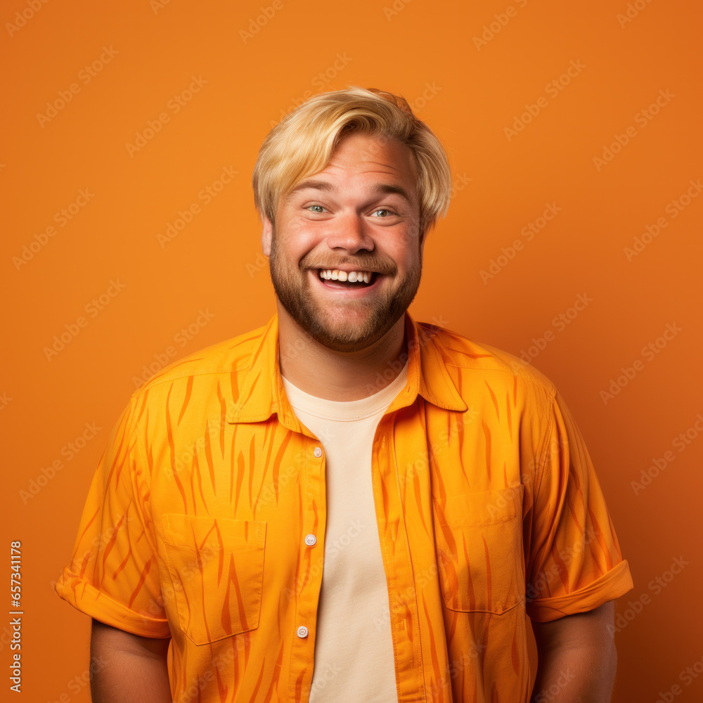 Face of happy overweight man looking at camera on orange studio background Face of happy overweight man looking at camera on orange studio background