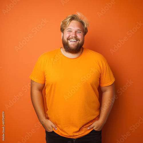 Face of happy overweight man looking at camera on orange studio background photo