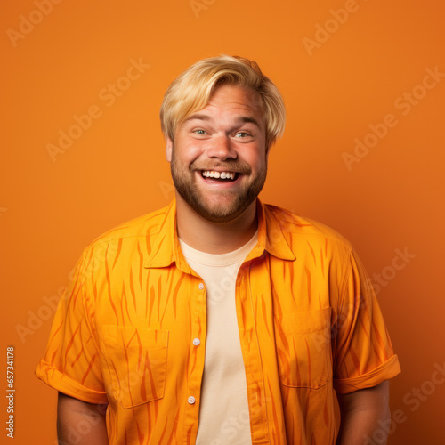 Face of happy overweight man looking at camera on orange studio background photo