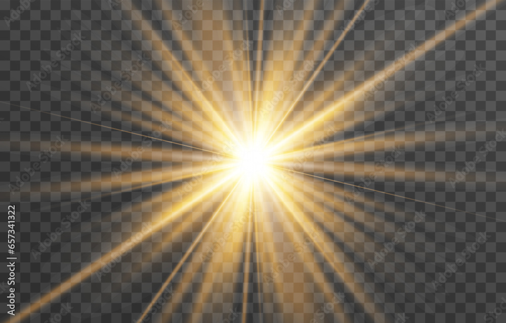 Vector light on isolated transparent background. Sun, rays of light png. Magic glow, golden light png - obrazy, fototapety, plakaty 