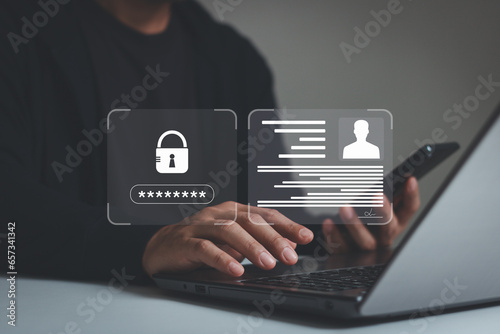 Person confidentiality, NDA(Non-disclosure agreement). Management system with employee privacy. private document data protected, Technology access password identity manage business platform.