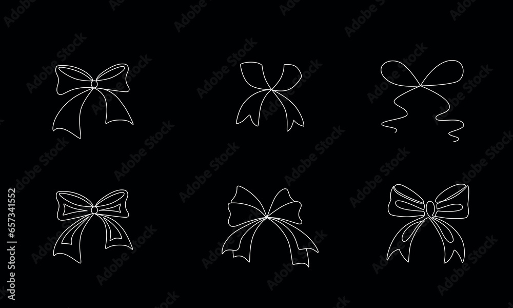 Tied ribbon bow hand drawing one line set. Vector stock illustration ...
