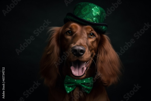 Happy smiling irish setter dog wearing green hat and bow tie while carnival of St. Patrick's day. Isolated on black background.