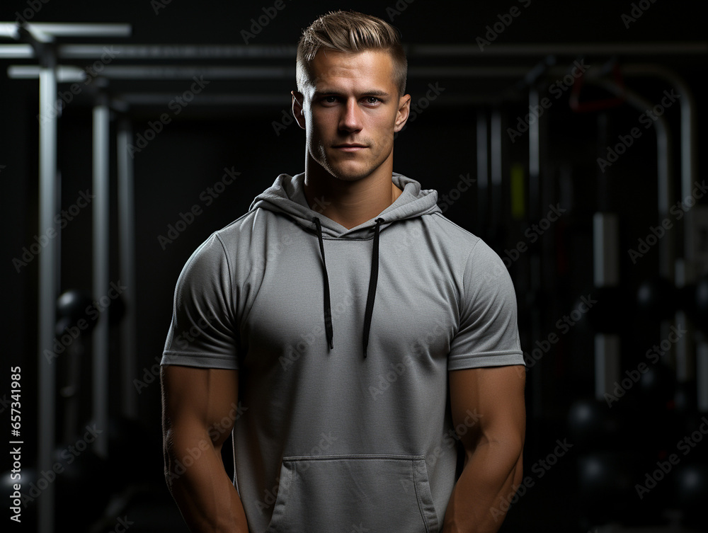 Naklejka premium Sexy durchtranierten Mann im edlen sportlichen Outfit und dunklen Licht blickt in die Kamera, ai generativ