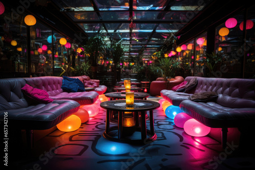 A lounge with colorful balloons and couches, AI