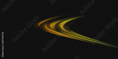 Glittering wavy trail. Golden glowing shiny spiral lines effect. Curved yellow line light.