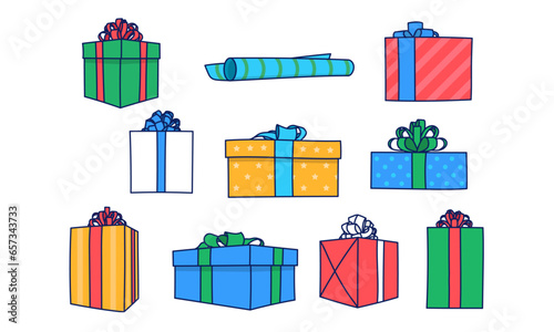 Hand drawn set of presents, decorated with ribbons. Holiday or birthday gifts of various size. Vector illustration with editable stroke.