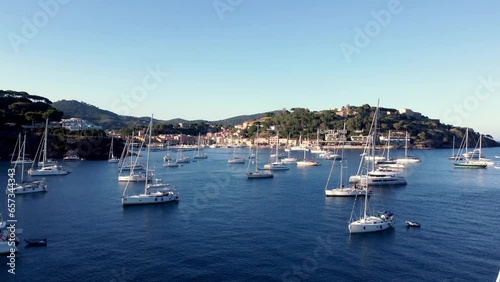 Aerial images of boats in the harbor on the island of Elba, Mediterranean