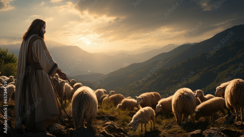 Jesus Christ is our lord and god, the savior of mankind, the shepherd, protects animals and people, grazes sheep and goats on a green field - obrazy, fototapety, plakaty 
