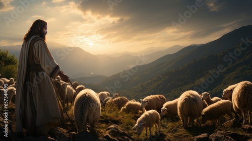 Jesus Christ is our lord and god, the savior of mankind, the shepherd, protects animals and people, grazes sheep and goats on a green field photo