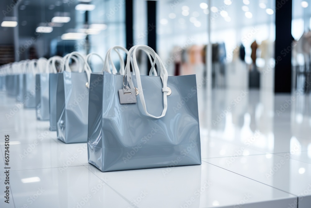 Naklejka premium Indulge in luxury at a fashionable boutique, offering an exquisite collection of expensive designer handbags. Elegance, style, and glamour define this modern retail space, perfect for the stylish woma