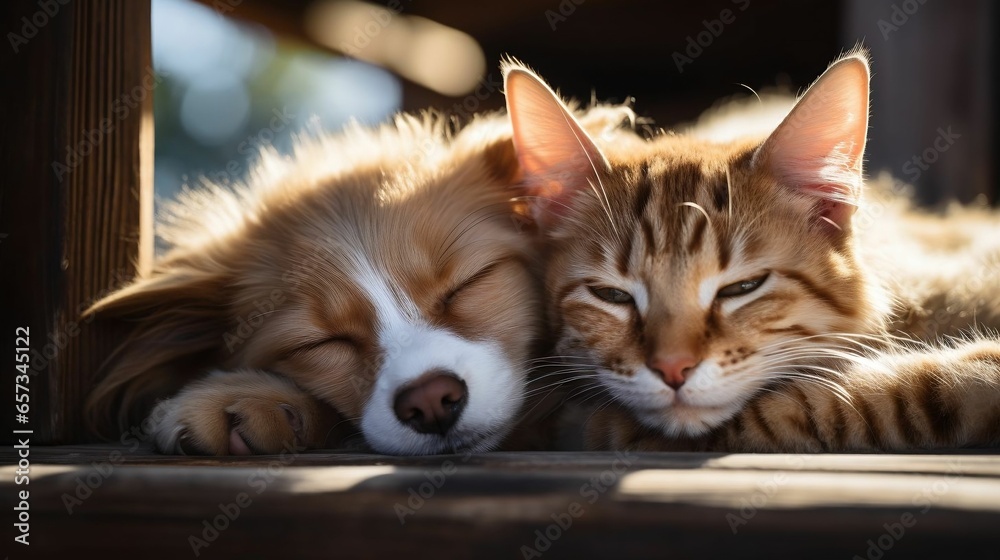 Cat and dog sleeping together
