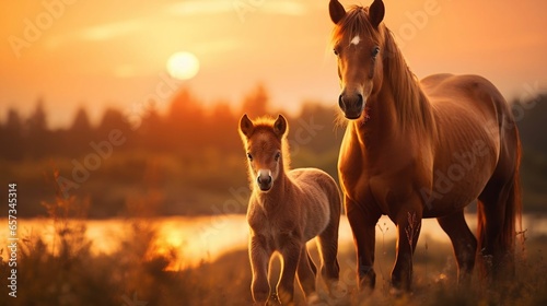 Brown mare and foal on golden summer evening photo