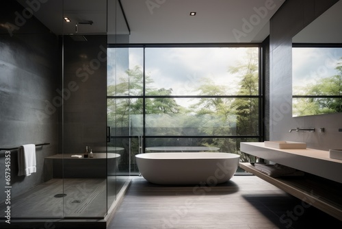 Indulge in luxury and elegance with a modern bathroom design. White interiors, clean lines, and contemporary fixtures create a bright and relaxing space for ultimate hygiene and relaxation. © ChaoticMind