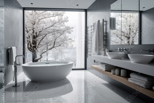 Indulge in luxury and elegance with a modern bathroom design. White interiors  clean lines  and contemporary fixtures create a bright and relaxing space for ultimate hygiene and relaxation.