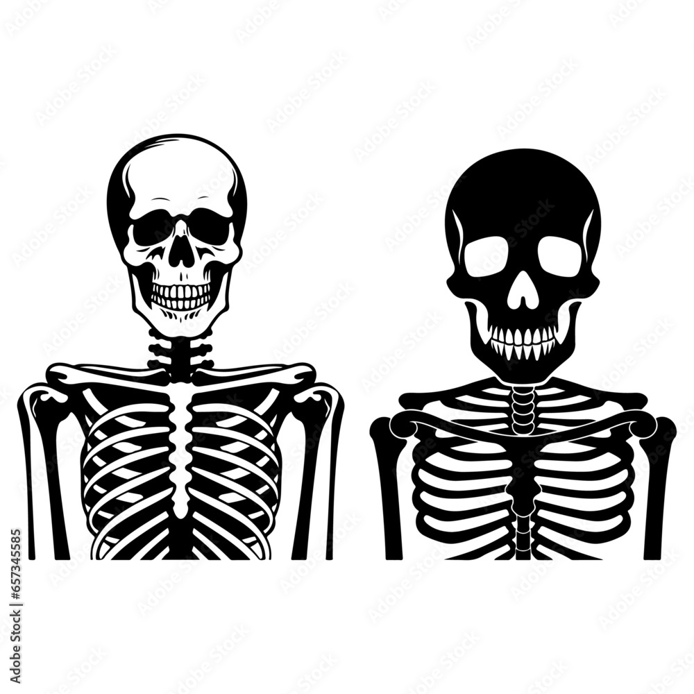 Silhouette of Halloween Skeleton: Set of Skull Head and Human Bones Vector Illustrations Silhouette of Halloween Skeleton: Set of Skull Head and Human Bones Vector Illustrations