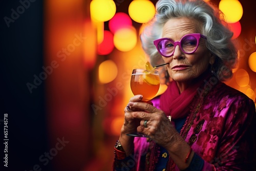 Elderly woman enjoys a colorful cocktail at summer and New Year's Eve party photo
