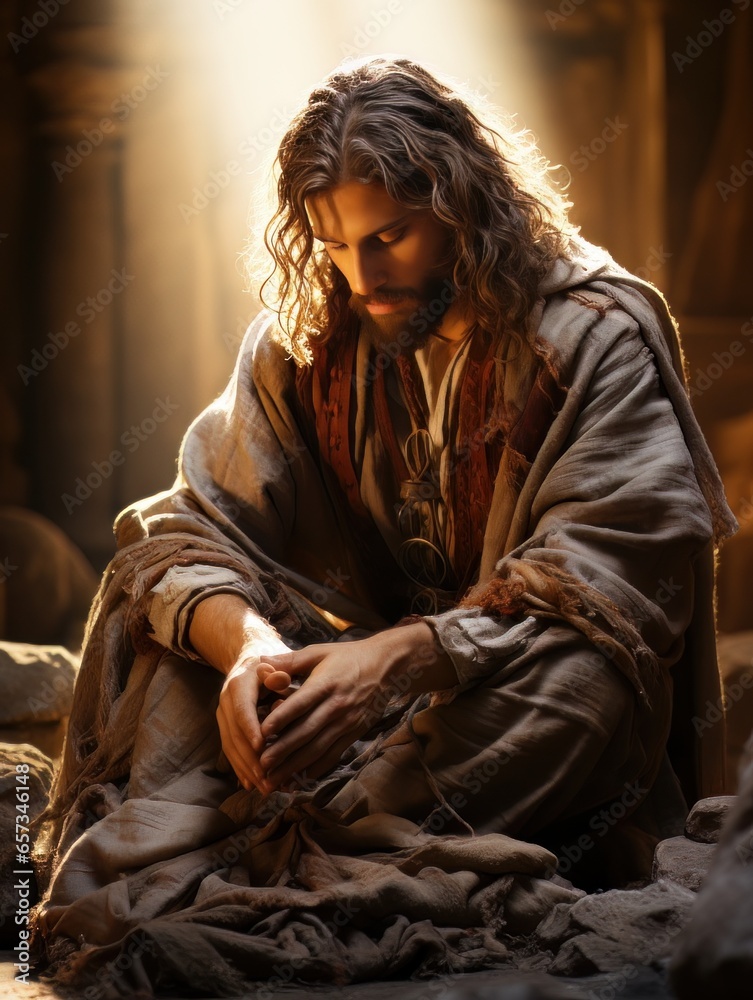 Jesus Christ calmly praying in sacred place. AI