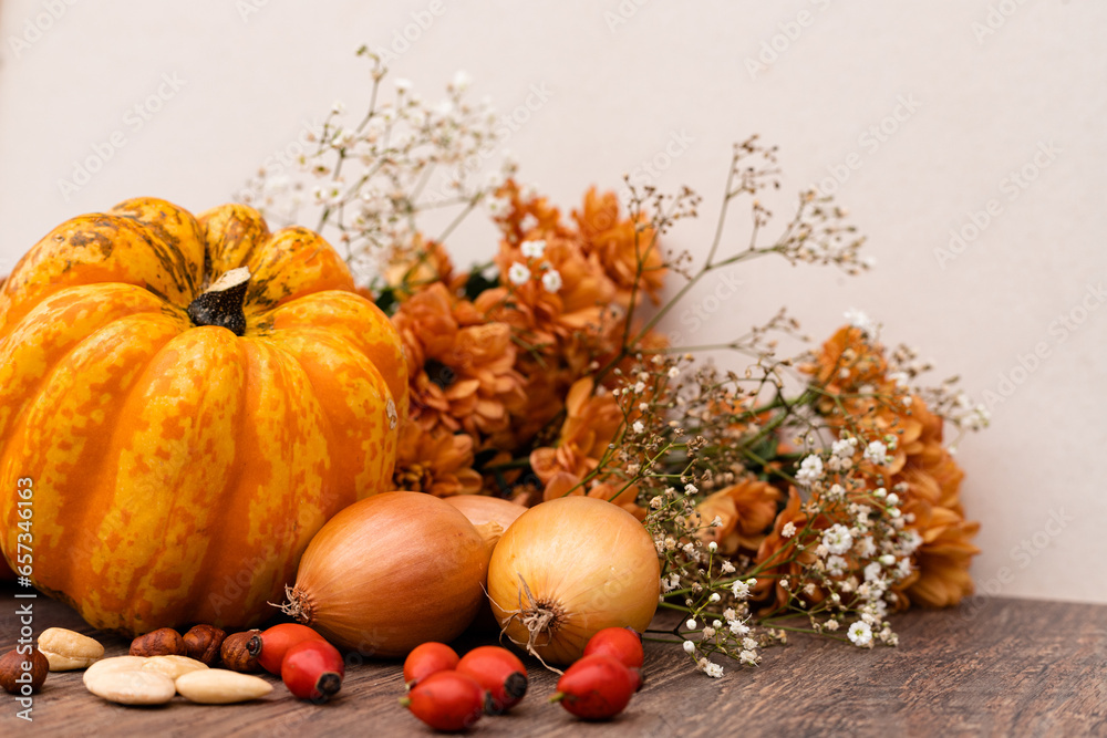 Autumn composition. On the table are pumpkins, onions, nuts, rose hips. Cooking
