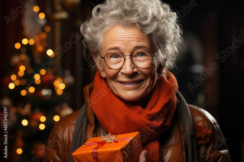 an elderly woman is holding a gift on a christmas tree photo
