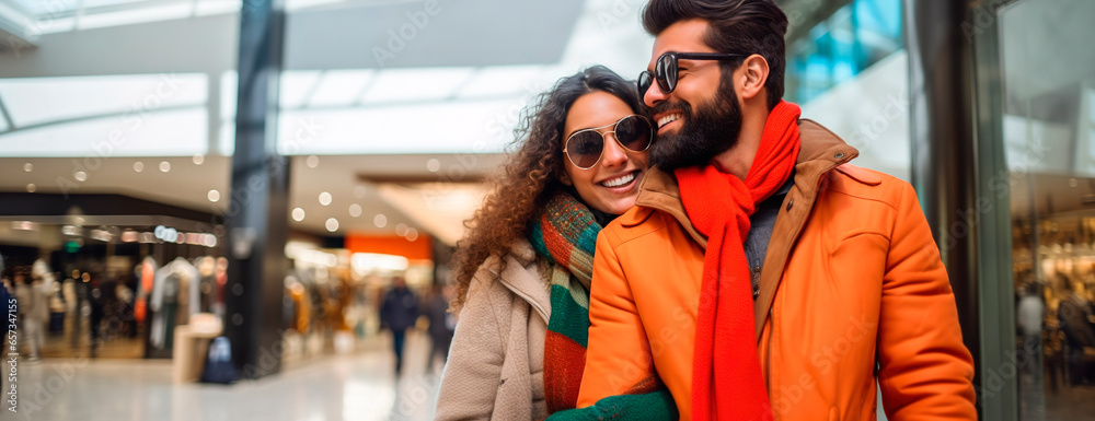 Multi ethnic couple in love walking along the shopping mall looking for Black Friday offers