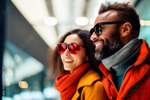 Multi ethnic couple close up portrait in the shopping mall. Black Friday concept