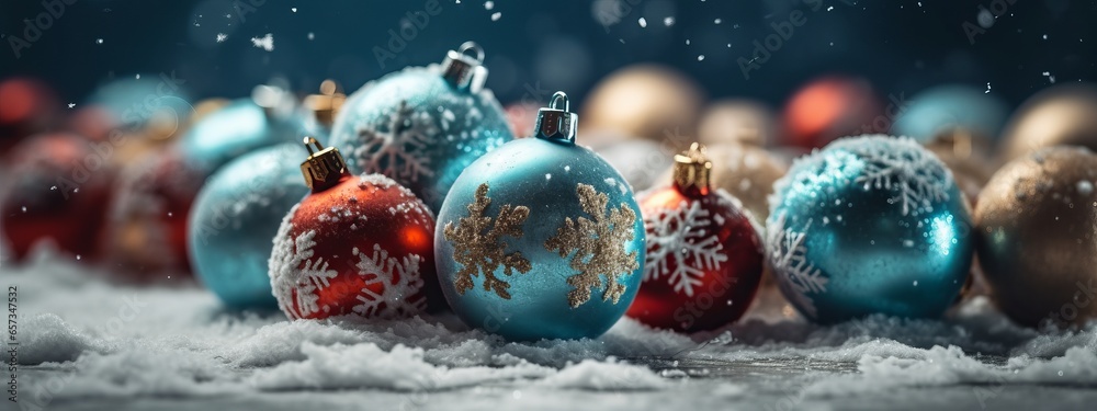 christmas baubles and ornaments laying on the snow, banner, backdrop, design, hollidays, festive, new year, background - obrazy, fototapety, plakaty 