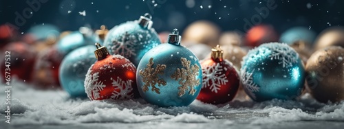christmas baubles and ornaments laying on the snow, banner, backdrop, design, hollidays, festive, new year, background photo