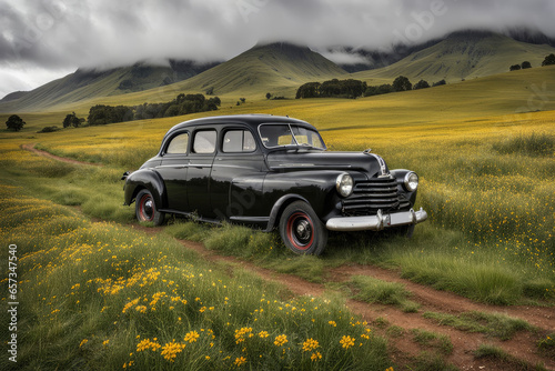 Vintage car on meadow with hills valley in the background