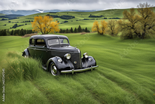 Vintage black car on meadow with landscape hills valley in the background