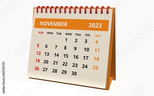 Standing Desk Calendar November 2023. Business monthly calendar with red spiral-bound, the week starts on Sunday. Monthly Pages on a white base and orange title, isolated on white background, 3d rende