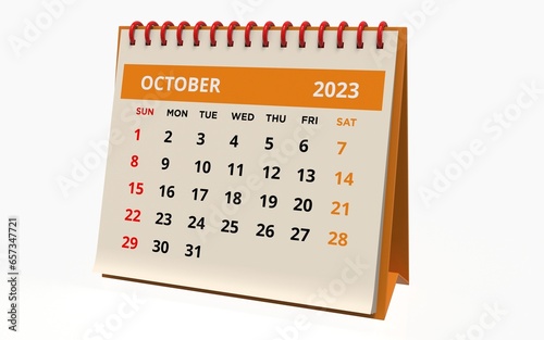 Standing Desk Calendar October 2023. Business monthly calendar with red spiral-bound, the week starts on Sunday. Monthly Pages on a white base and orange title, isolated on white background, 3d render