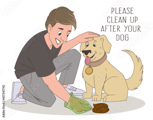 The owner throws out his dog's poop. Motivation flyer, banner. Vector illustration.