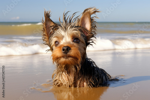 A small Yorkshire Terrier enjoying a day at the ocean. The dog’s fur is wet and sticking up in all directions