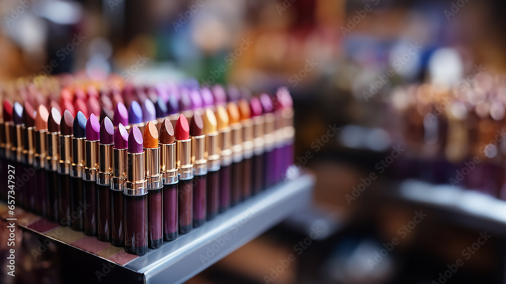 Lippenstifte Sortiment mit aufgedrehten sichtbaren Farben für die Auswahl Querformat für Banner, ai generativ Lippenstifte Sortiment mit aufgedrehten sichtbaren Farben für die Auswahl Querformat für Banner, ai generativ