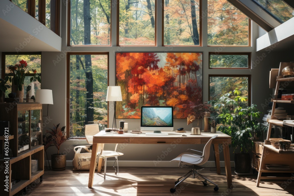 A home office bathed in natural light, with a minimalist desk, modern ergonomic chair, and a gallery wall of motivational artwork - obrazy, fototapety, plakaty 