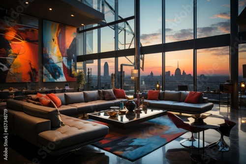 A luxurious and modern living room with sleek leather furniture, floor-to-ceiling windows offering a panoramic city view, and contemporary art adorning the walls