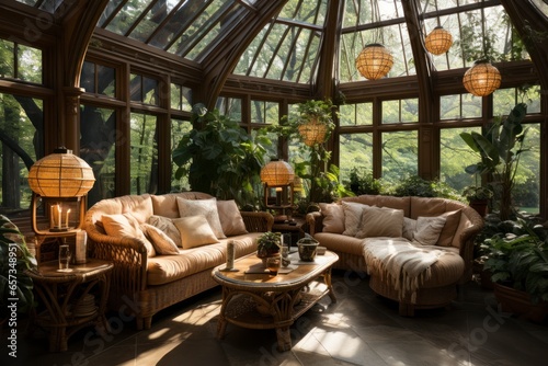 A sun-drenched conservatory with large glass windows  wicker furniture  and lush greenery  creating an indoor oasis