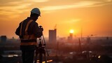 Engineer silhouetted, giving construction orders against a sunset