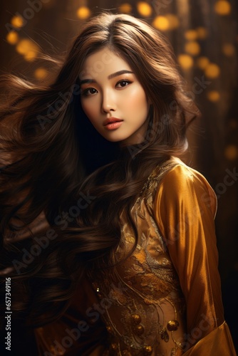 The natural beauty of an Asian girl behind a golden dress generative ai © Gilang