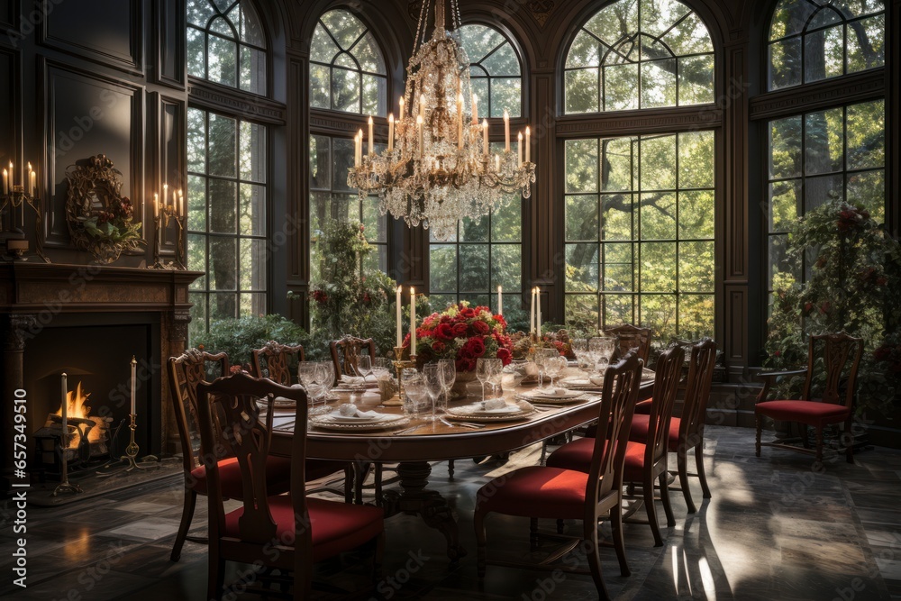 An elegant and traditional dining room with a grand chandelier, upholstered chairs, and a polished mahogany dining table set for a formal dinner