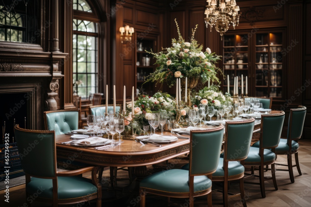 An elegant and traditional dining room with a grand chandelier, upholstered chairs, and a polished mahogany dining table set for a formal dinner