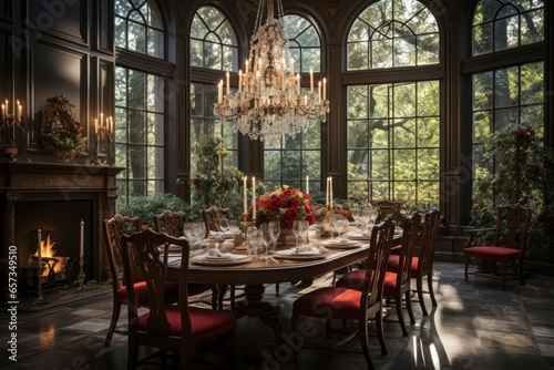 An elegant and traditional dining room with a grand chandelier  upholstered chairs  and a polished mahogany dining table set for a formal dinner