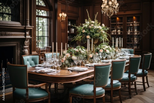 An elegant and traditional dining room with a grand chandelier  upholstered chairs  and a polished mahogany dining table set for a formal dinner