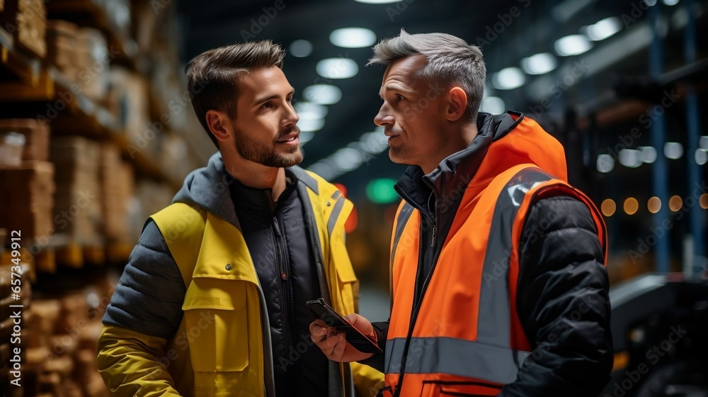 Fototapeta premium Young man discussing with colleague over machinery in industry 