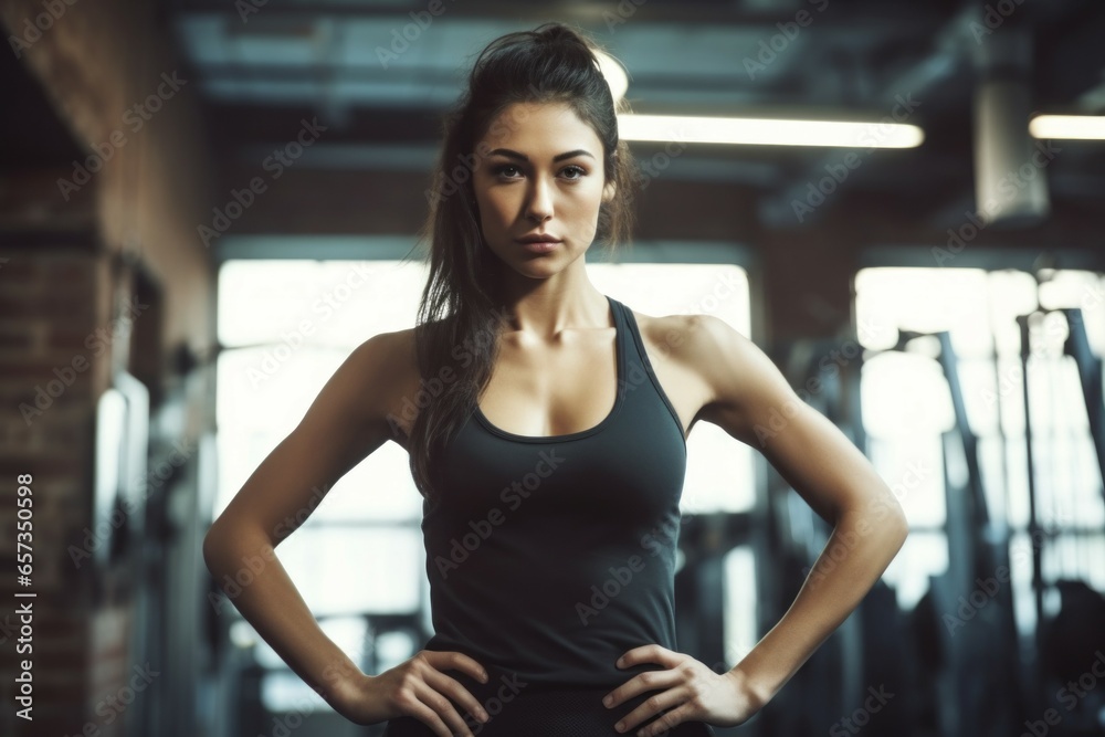 Woman athlete in the gym. Portrait with selective focus and copy space