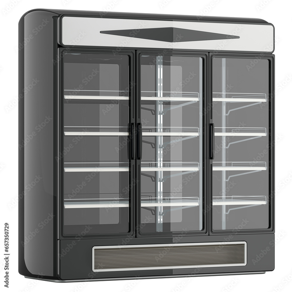 Three Section Glass Door Dual Temperature Merchandiser. Combination Refrigerator Freezer Merchandiser. 3D rendering isolated on transparent background Three Section Glass Door Dual Temperature Merchandiser. Combination Refrigerator Freezer Merchandiser. 3D rendering isolated on transparent background