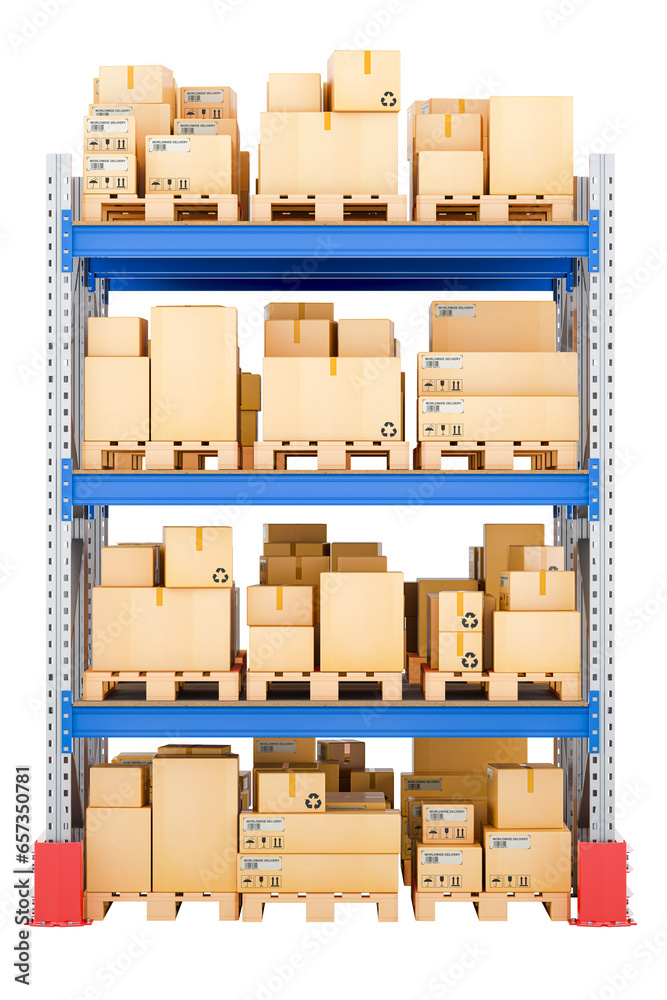 Box With Rack Pallet rack full of cardboard boxes and parcels, 3D rendering isolated ...
